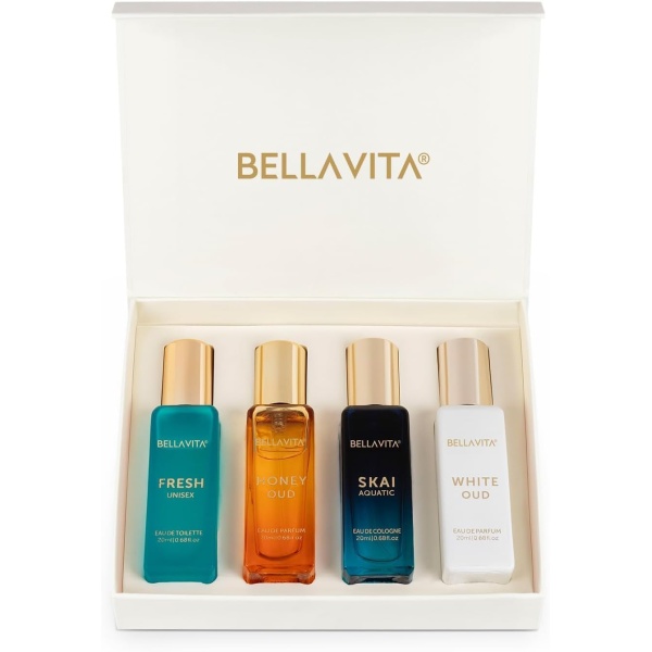 Bellavita Luxury Unisex Perfume Gift Set with Honey Oud, White Oud, Skai, and Fresh | 80ml | Perfume for Men and Women | Honey, Artemisia Lemon, Bergamot, and Sweet Almond Notes | Women's Day Special