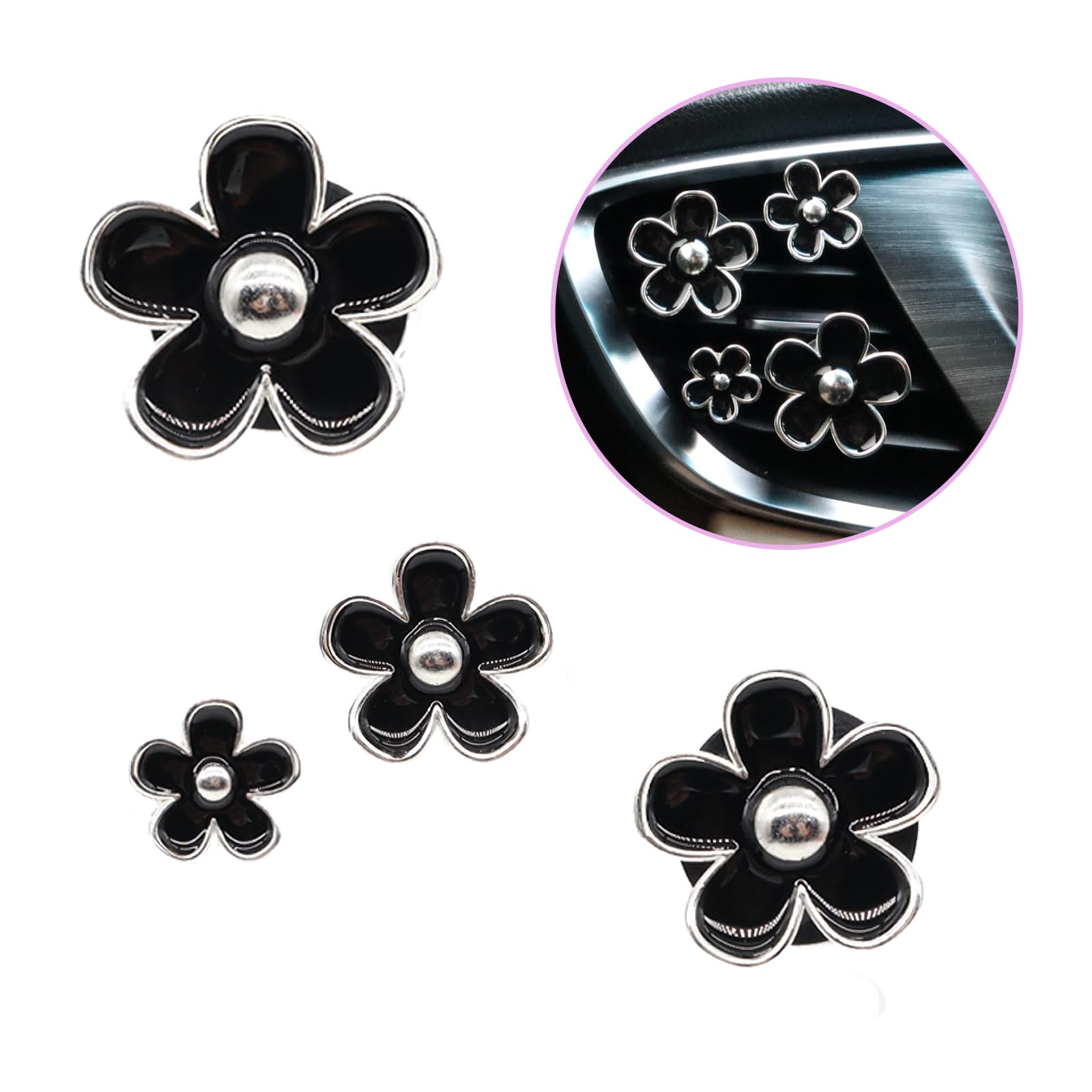 ORIESSE 4pcs Cute Daisy Flowers Car Air Freshener Vent Clips,Girly Flowers Car Accessories for Women,4 Sizes Sparkle Black Silver Flower Car Vent Clips,Refillable Clips On Car Diffuser