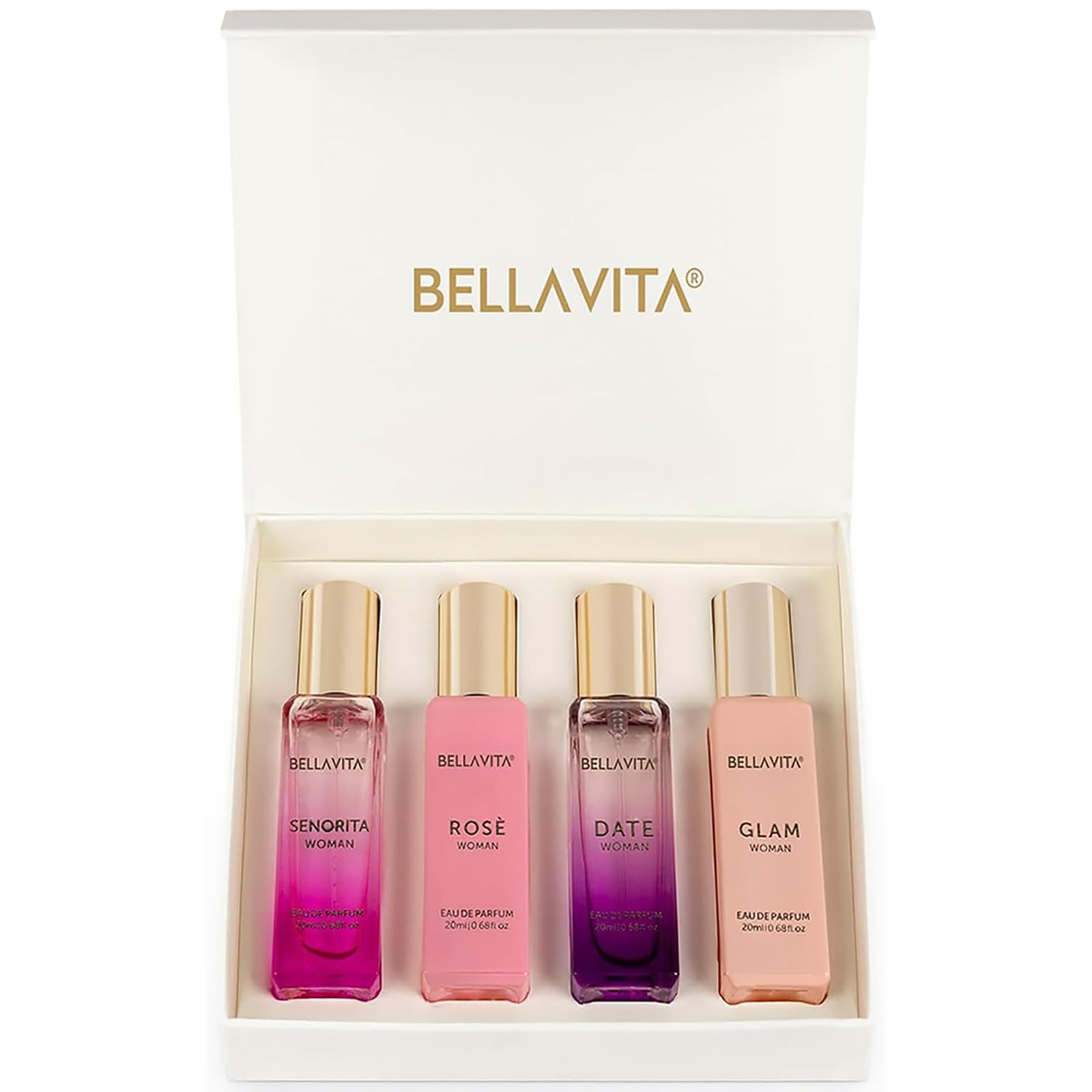 Bellavita Luxury Women's Perfume Gift Set with Rose, Senorita, Date, and Glam | 80ml | Perfume for Women | Pink Pepper, Yuzu and Floral Peach | Long Lasting Fragrance |Mother's day present