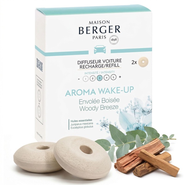 Maison Berger Luxury Car Diffuser Refill Set – Ceramic Inserts for Vent Clip Diffusers, 4-Week Passive Diffusion, Premium In-Car Fragrance Refill, Made in France (Aroma Wake Up)