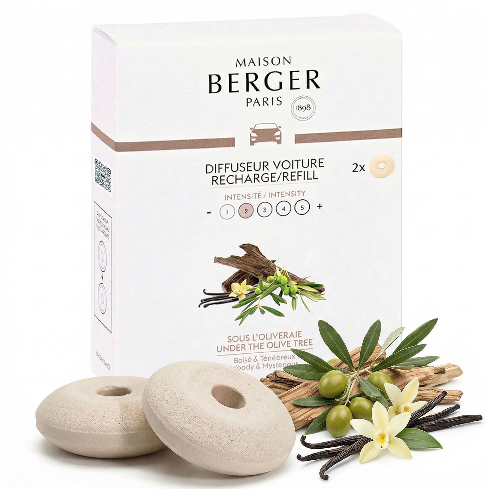 Maison Berger Luxury Car Diffuser Refill Set – Ceramic Inserts for Vent Clip Diffusers, 4-Week Passive Diffusion, Premium In-Car Fragrance Refill, Made in France (Under the Olive Tree)