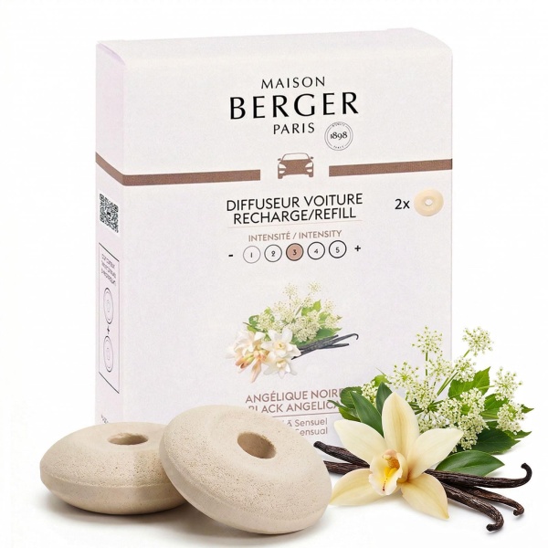 Maison Berger Luxury Car Diffuser Refill Set – Ceramic Inserts for Vent Clip Diffusers, 4-Week Passive Diffusion, Premium In-Car Fragrance Refill, Made in France (Black Angelica)