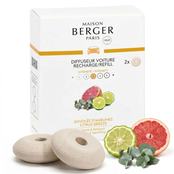 Maison Berger Luxury Car Diffuser Refill Set – Ceramic Inserts for Vent Clip Diffusers, 4-Week Passive Diffusion, Premium In-Car Fragrance Refill, Made in France (Citrus Breeze)