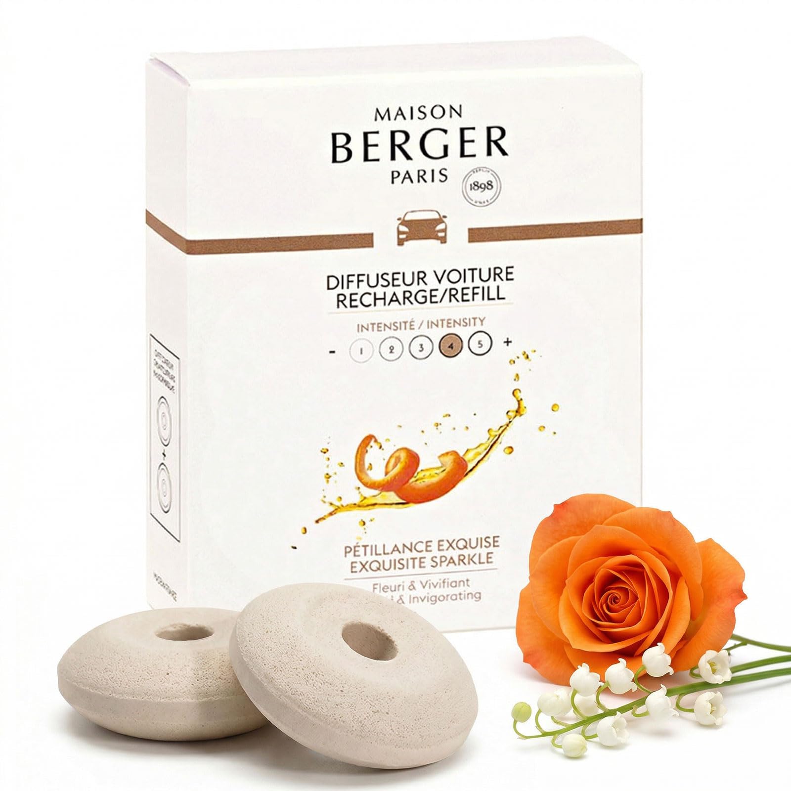Maison Berger Luxury Car Diffuser Refill Set – Ceramic Inserts for Vent Clip Diffusers, 4-Week Passive Diffusion, Premium In-Car Fragrance Refill, Made in France (Exquisite Sparkle)