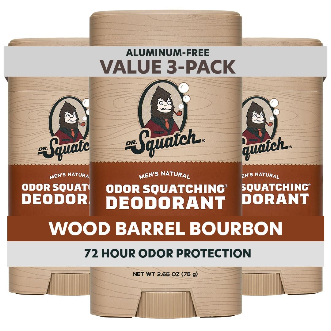 Dr. Squatch Natural Men’s Deodorant – Aluminum Free Natural Deodorant Men with Charcoal & Postbiotics for 72-Hour Odor Protection – Wood Barrel Bourbon, 2.65oz Stick (3-Pack)