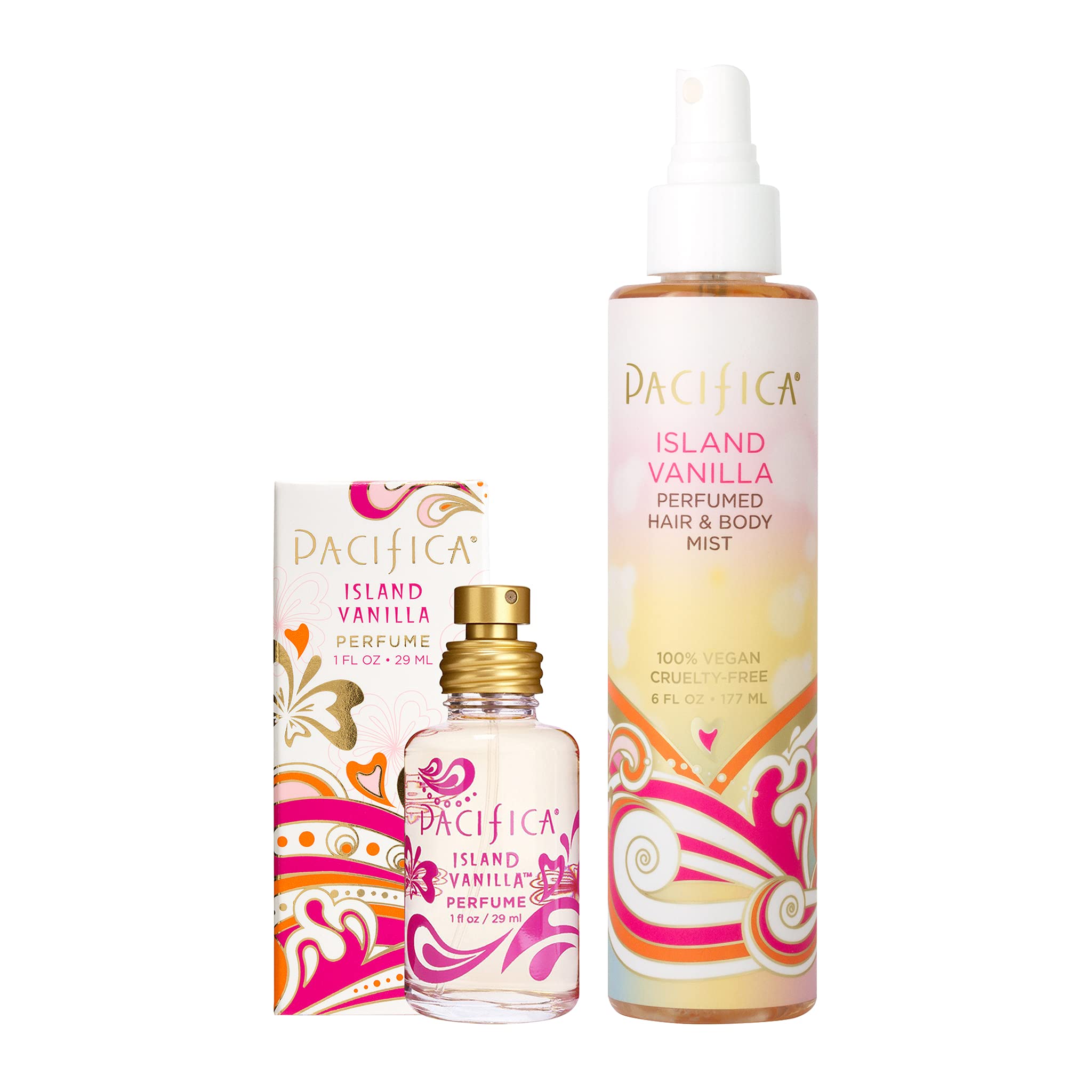 Pacifica Island Vanilla Spray Perfume & Hair and Body Mist Set – Tahitian Vanilla Clean Fragrance Duo, Essential Oil Blend, Alcohol-Free Hair/Body Mist Clean Beauty 100% Vegan & Cruelty-Free