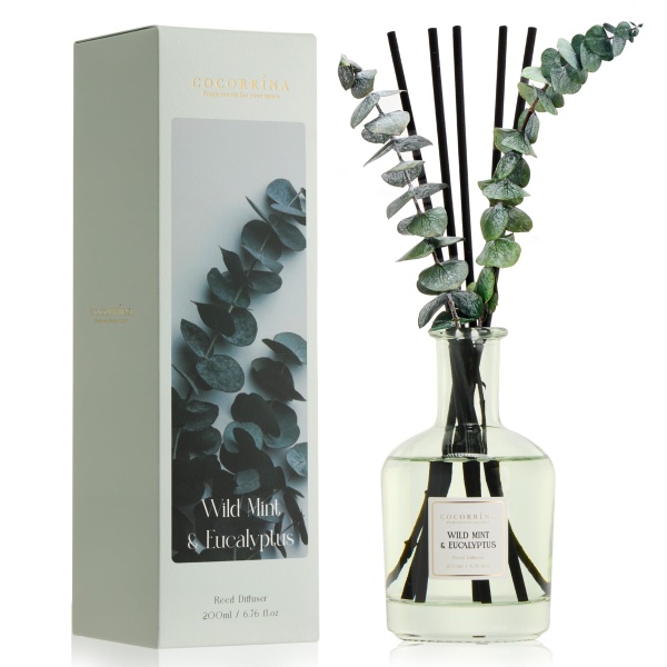 COCORRÍNA Wild Mint & Eucalyptus Reed Diffuser – 6.76 oz Essential Oil with 8 Reeds & Real Eucalyptus Sticks, Home Fragrance for Bedroom or Bathroom Décor